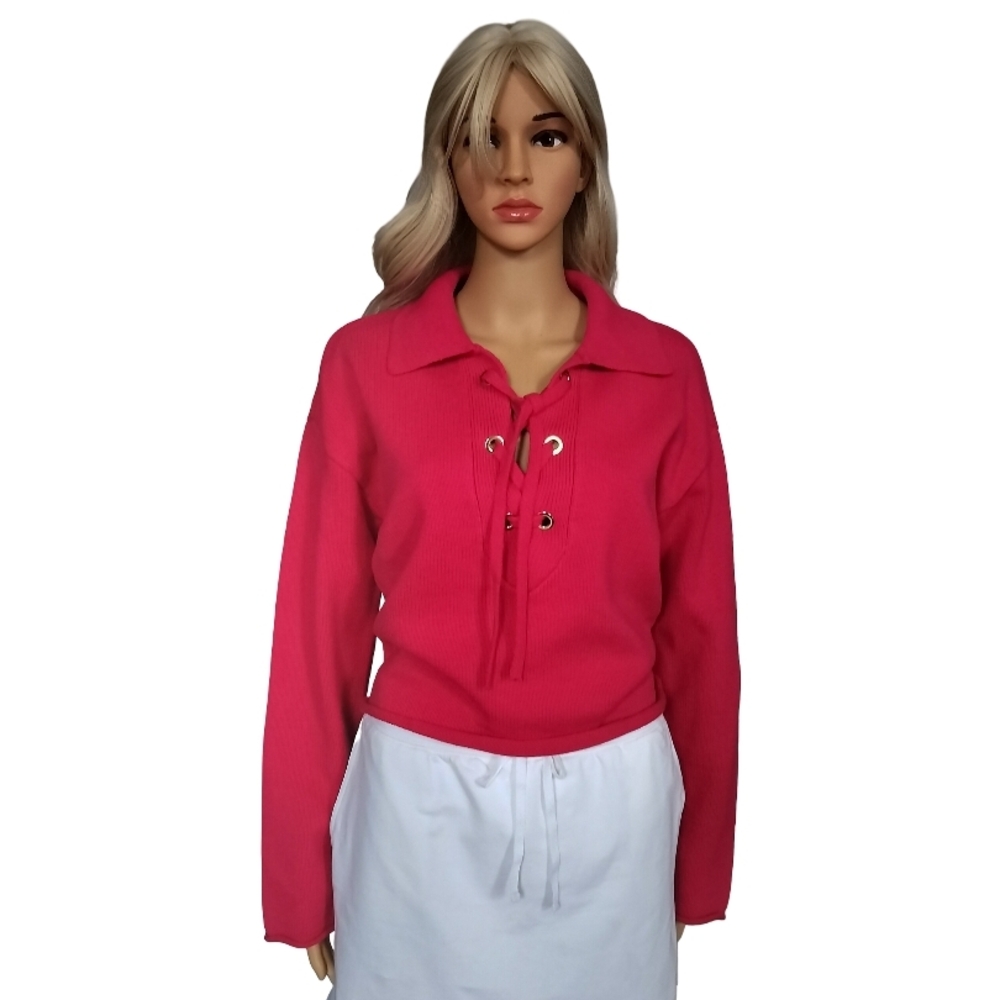 Women's Long Sleeve Pink Lace-Up Knit Sweater Size M NWT